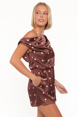 Cassidy One Shoulder Romper Brown Polka Dot