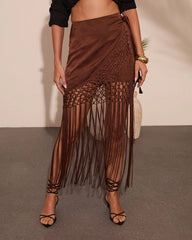 Elyssa Fringe Satin Jacquard Wrap Tie Midi Skirt