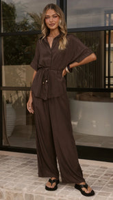 Velice Tie Top and Pants Set Brown