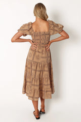 Soliel Puff Sleeve Midi Dress Tan Black