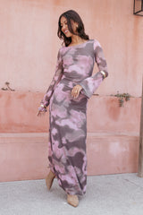 Pandora Long Sleeve Maxi Dress Pink Brown Print