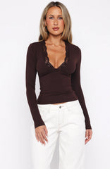 Knew That All Along Lace Trim Long Sleeve Top Chocolate