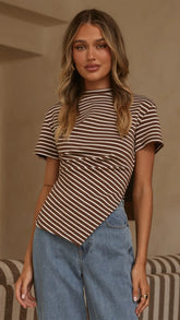 Tiarna Side Ruched Tee Brown White Stripe