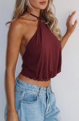 Endless Moment Cinched Waist Halter Top Burgundy