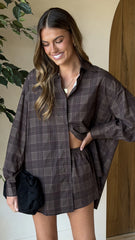 Arli Button Up Shirt Black Brown Checkered