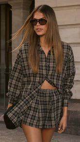 Arli Button Up Shirt Black Beige Plaid