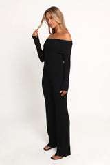 Gindie Ribbed Knit Off The Shoulder Pant Set Black