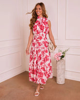 Marlisse Pleated Floral Halter Neck Maxi Dress