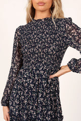 Edwina Shirred Frill Long Sleeve Midi Dress Navy Floral