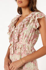 Levelle Midi Ruffle Dress Ivory Red Green Floral