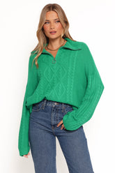 Leon Quarter Zip Cable Knit Sweater Green