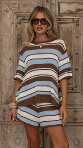 Makai Knitted T Shirt and Shorts Set Blue Chocolate Stripe