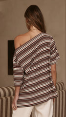 Pia One Shoulder Oversize Tee Choc Blue Stripe