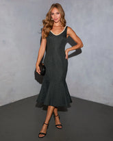 Indre Tweed Embellished Trim Fishtail Midi Dress