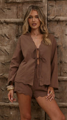 Leelo Tie Front Top and Shorts Set Chocolate
