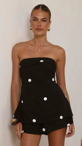 Kiki Strapless Top and Shorts Set Black White Polka Dot
