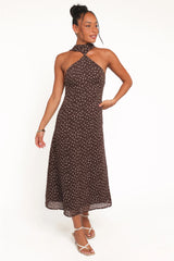 Elva Halterneck Midi Dress Brown Polka Dot