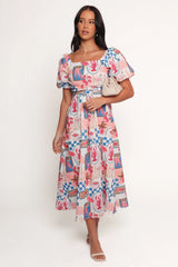 Clo Puff Sleeve Midi Dress Pink Blue