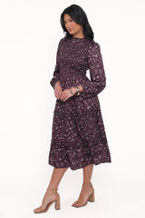 Edwina Shirred Frill Long Sleeve Midi Dress Plum Floral