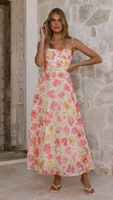Rahima Maxi Dress Pink Yellow Flower