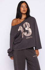 All A Dream Off Shoulder Oversized Long Sleeve Tee Charcoal