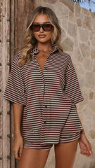 Sashi Button Up Shirt and Shorts Set Chocolate Blue Stripe