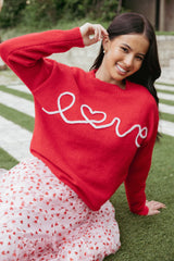 Love Embroidered Knit Sweater Red