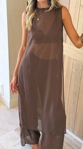 Zaire Long Line Sheer Top and Pants Set Chocolate