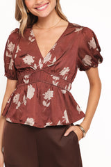 Griffin Peplum Blouse Brown Floral