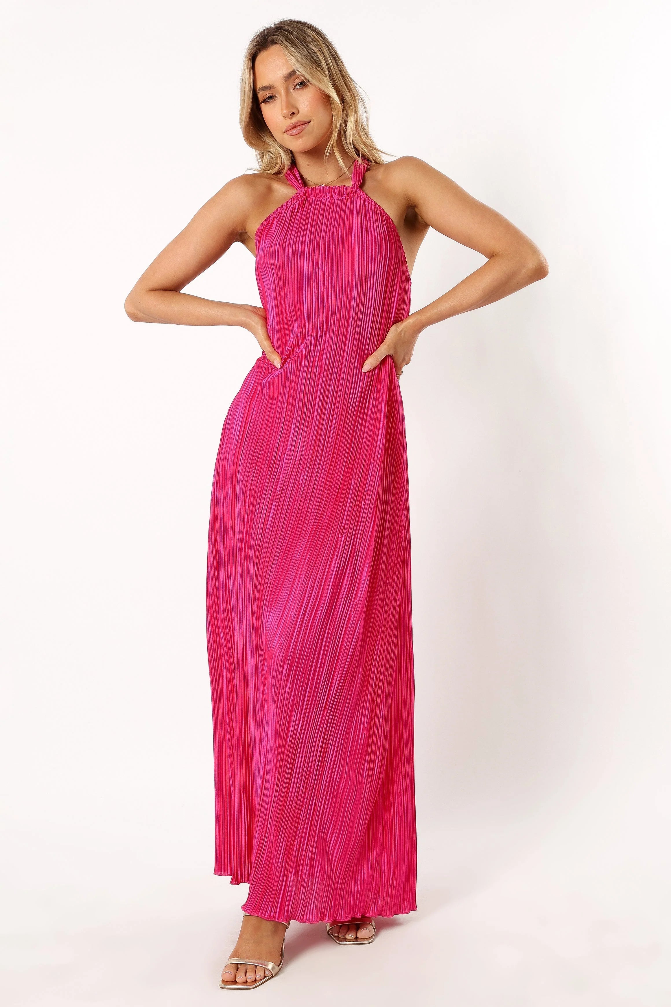 Melody Plisse Halter Maxi Dress Pink