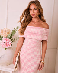 Brendah Knit Off The Shoulder Gingham Print Midi Dress