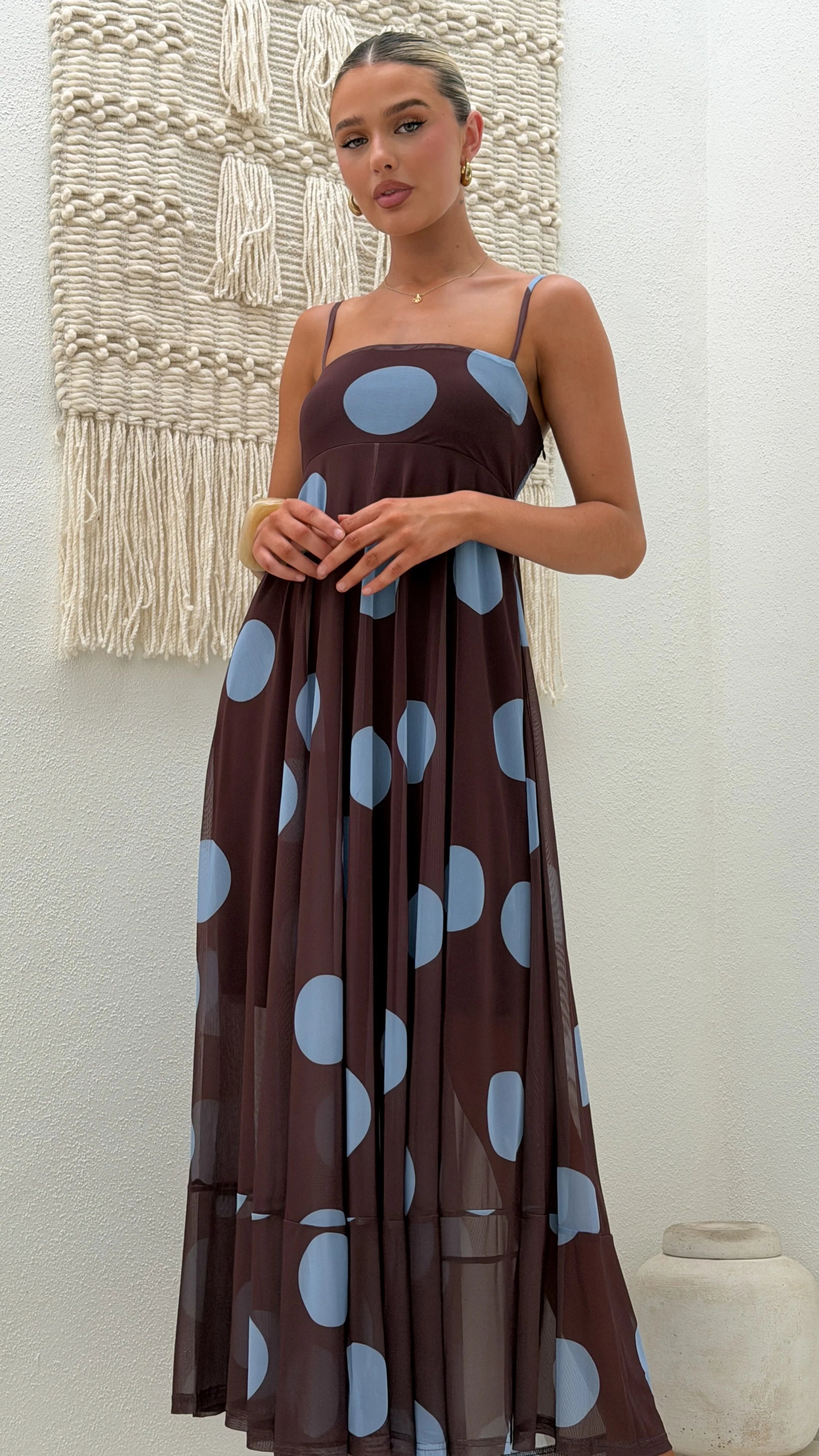 Melinda Mesh Maxi Dress Brown Blue Polka Dot