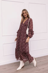 Evian Long Sleeve Maxi Dress Burgundy Multi
