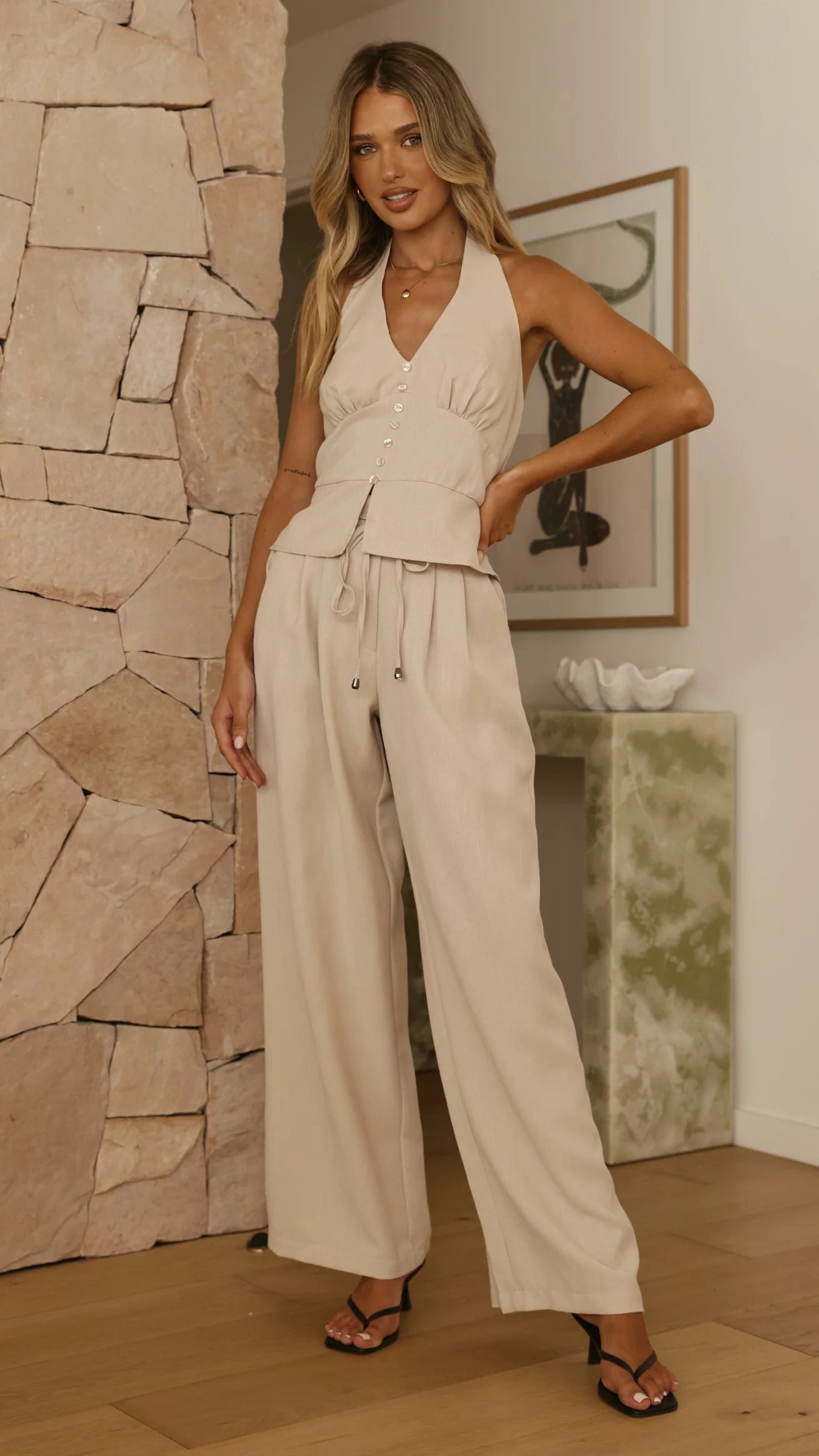 Rebekka Halter Neck Top Beige