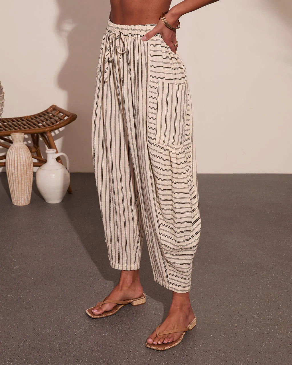 Yacht Day Striped Drawstring Cotton Wide Leg Pants
