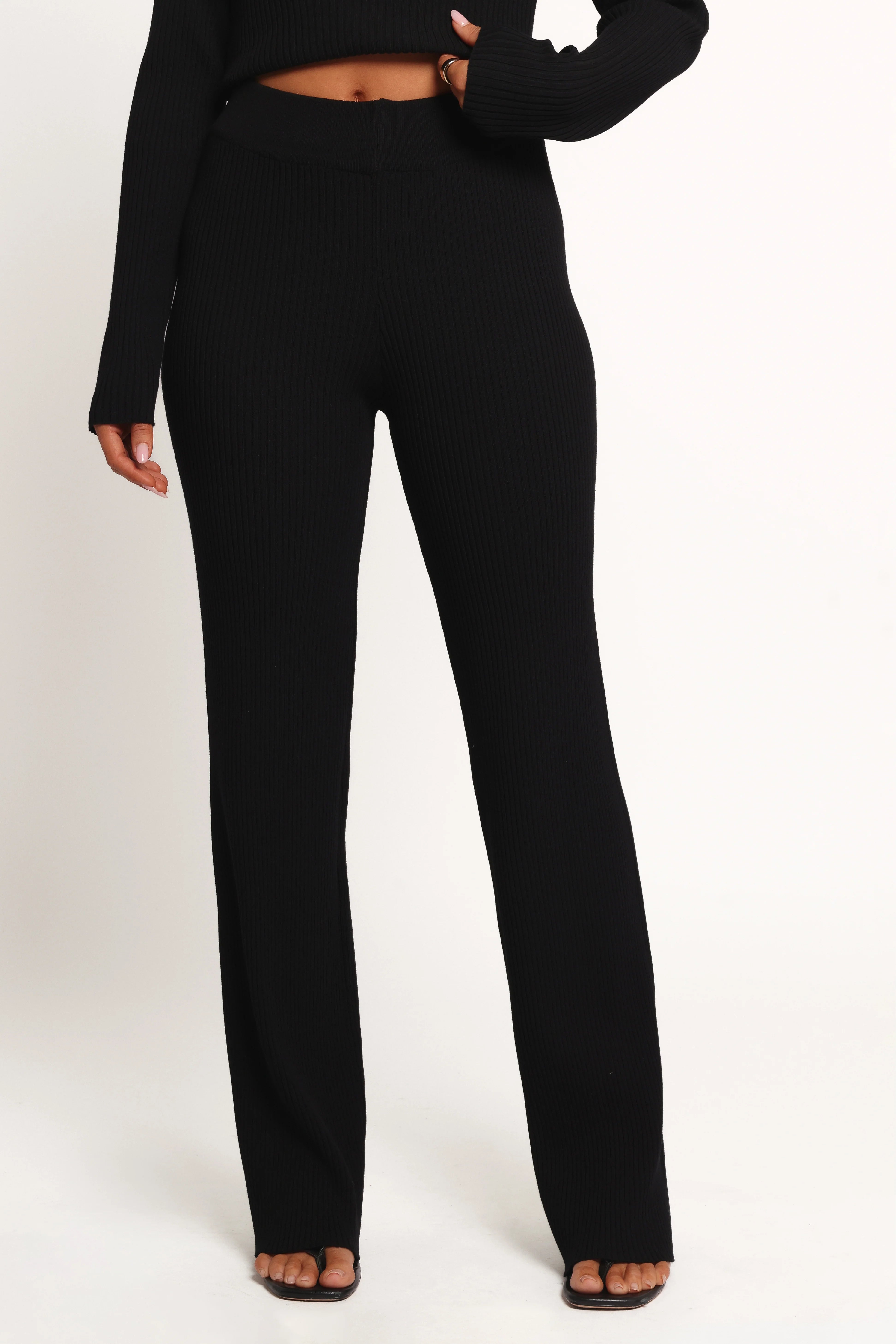 Gindie Ribbed Knit Off The Shoulder Pant Set Black