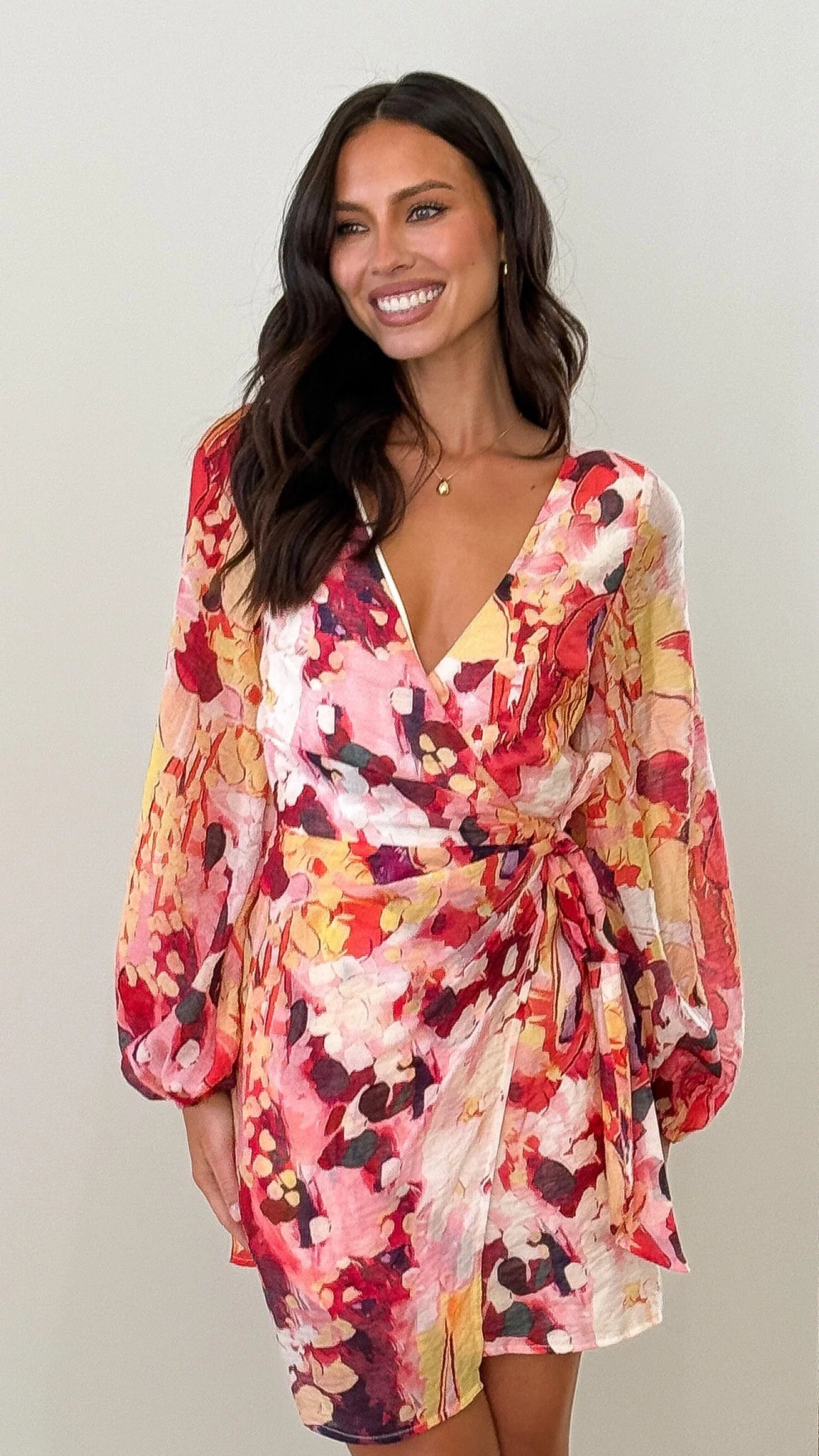 Jemma Long Sleeve Mini Dress Pink Abstract