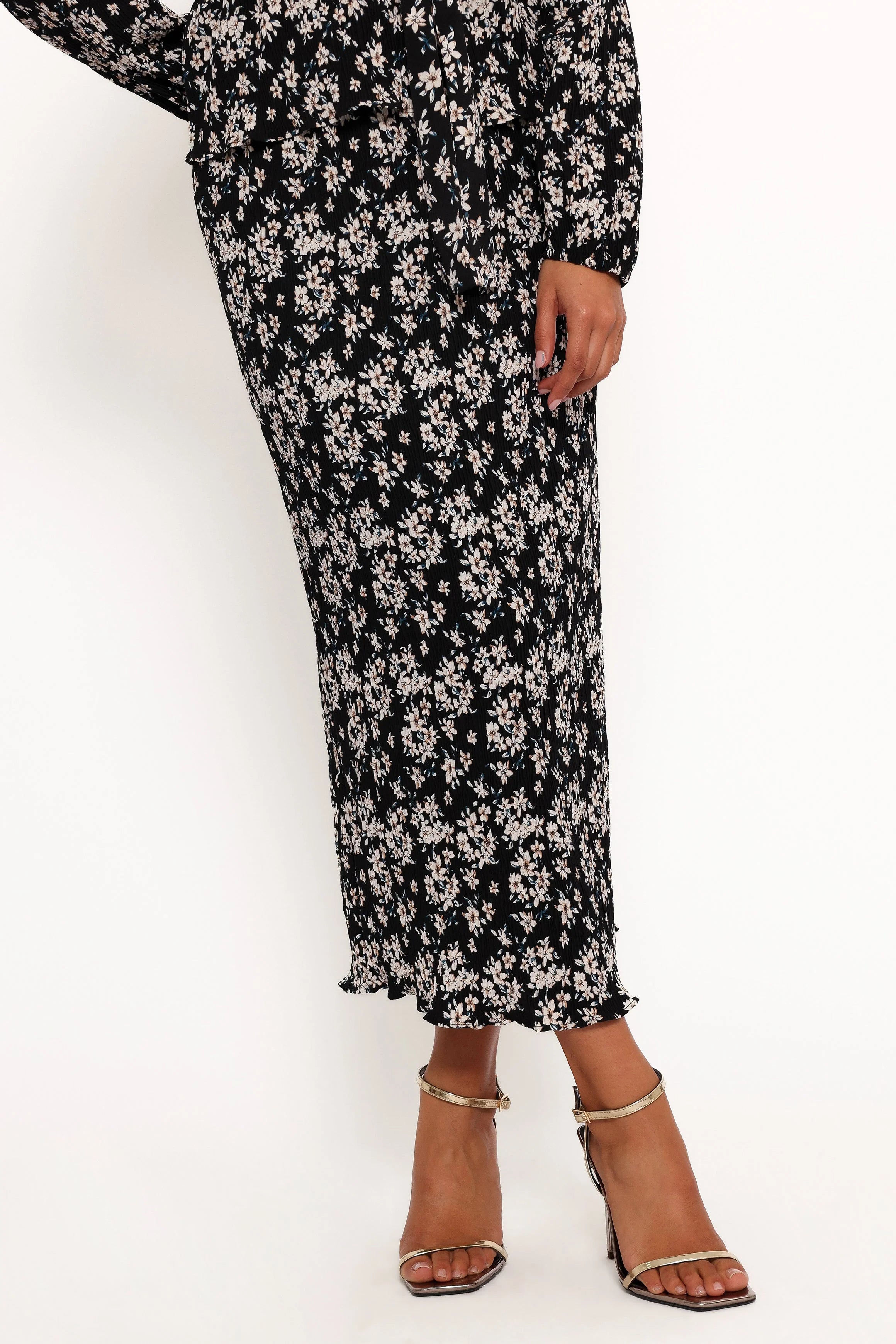 Minelli Pleat Midi Skirt Black White Floral