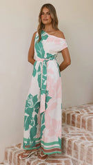 Oasis One Shoulder Jumpsuit Pink Green