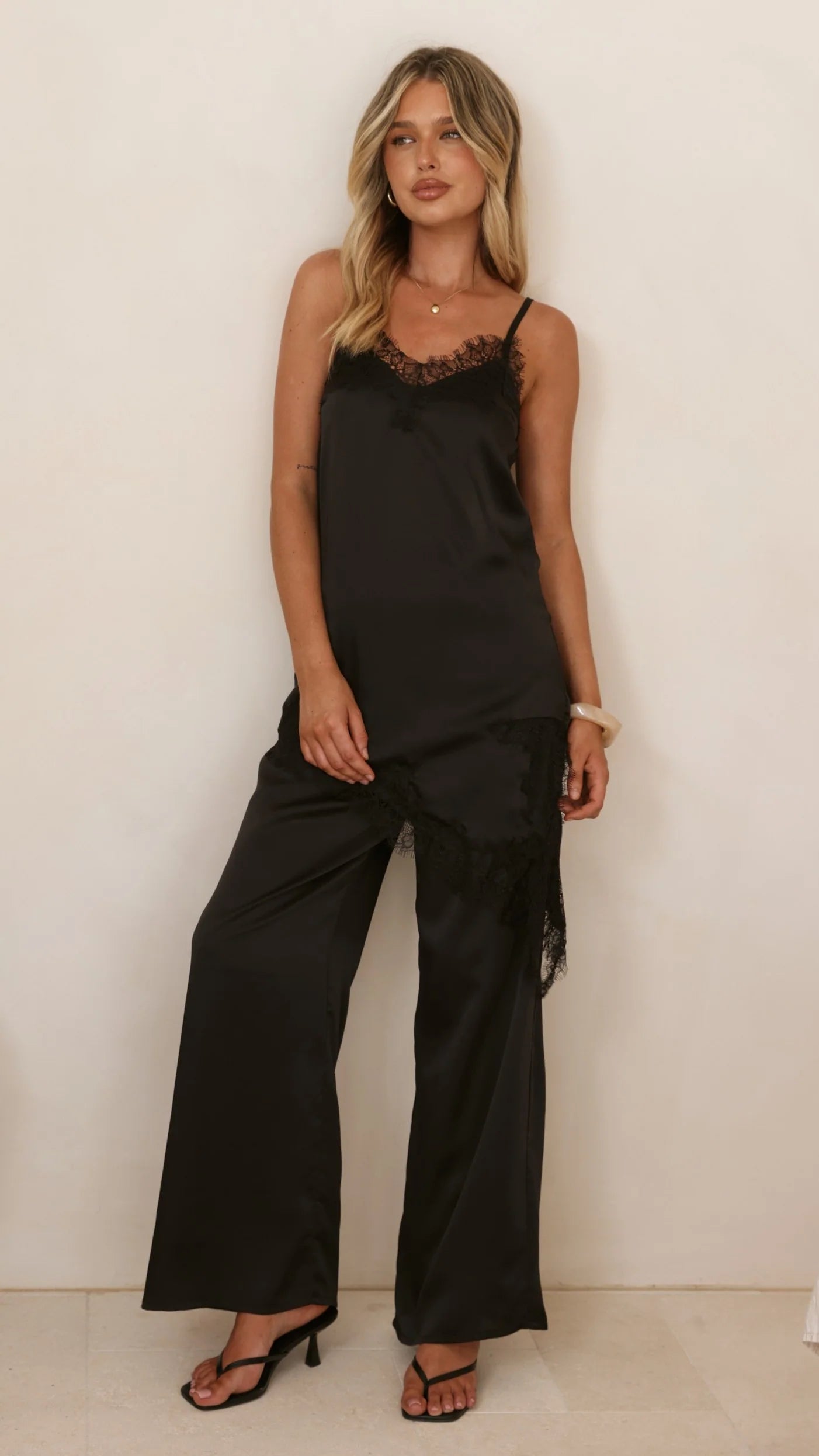 Hayleigh Asymmetrical Top and Pants Set Black Lace