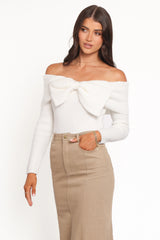 Helene Bow Off Shoulder Knit Sweater Ivory