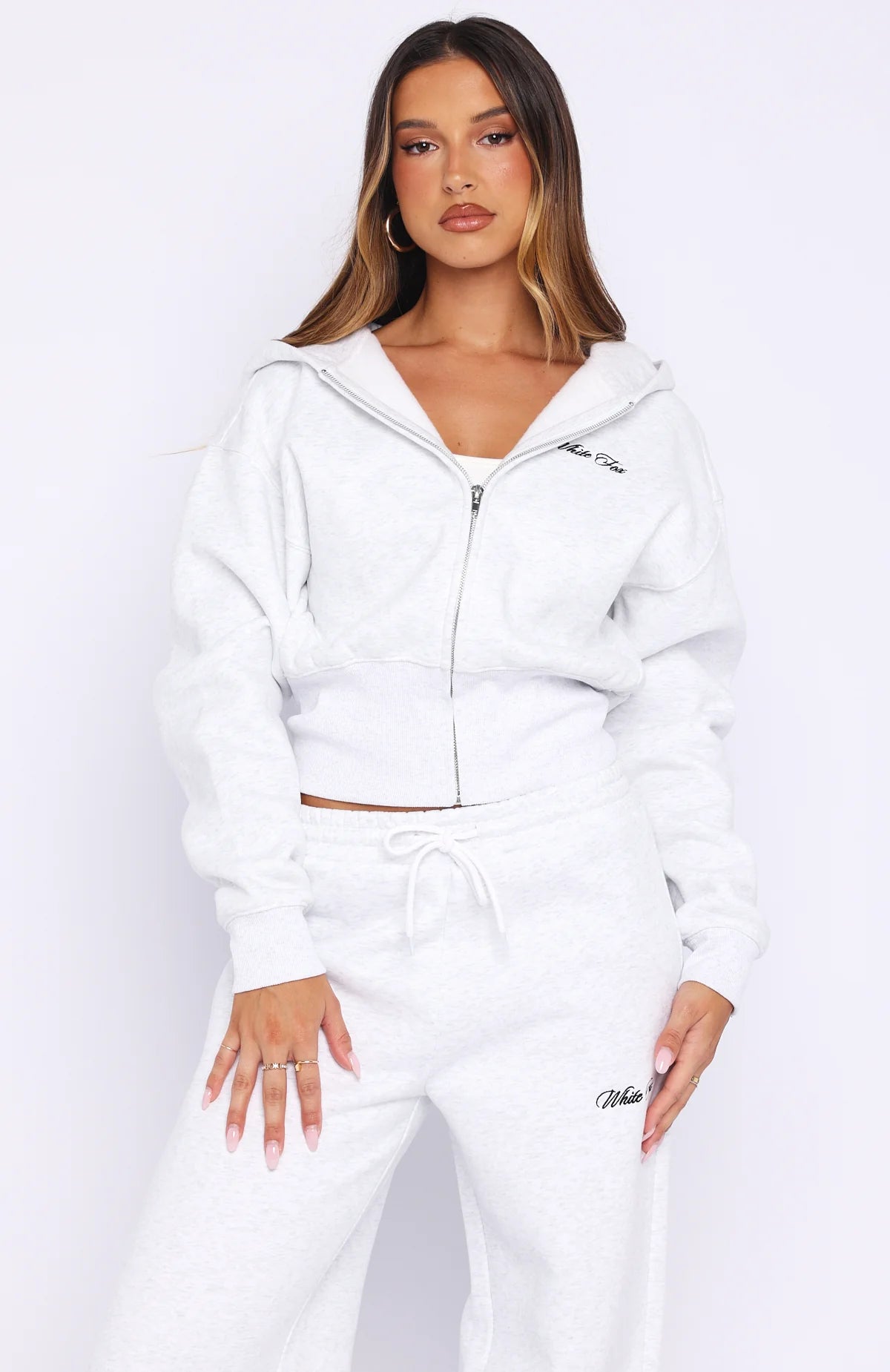 Wishing For It Cropped Cinched Zip Front Hoodie Grey Marle