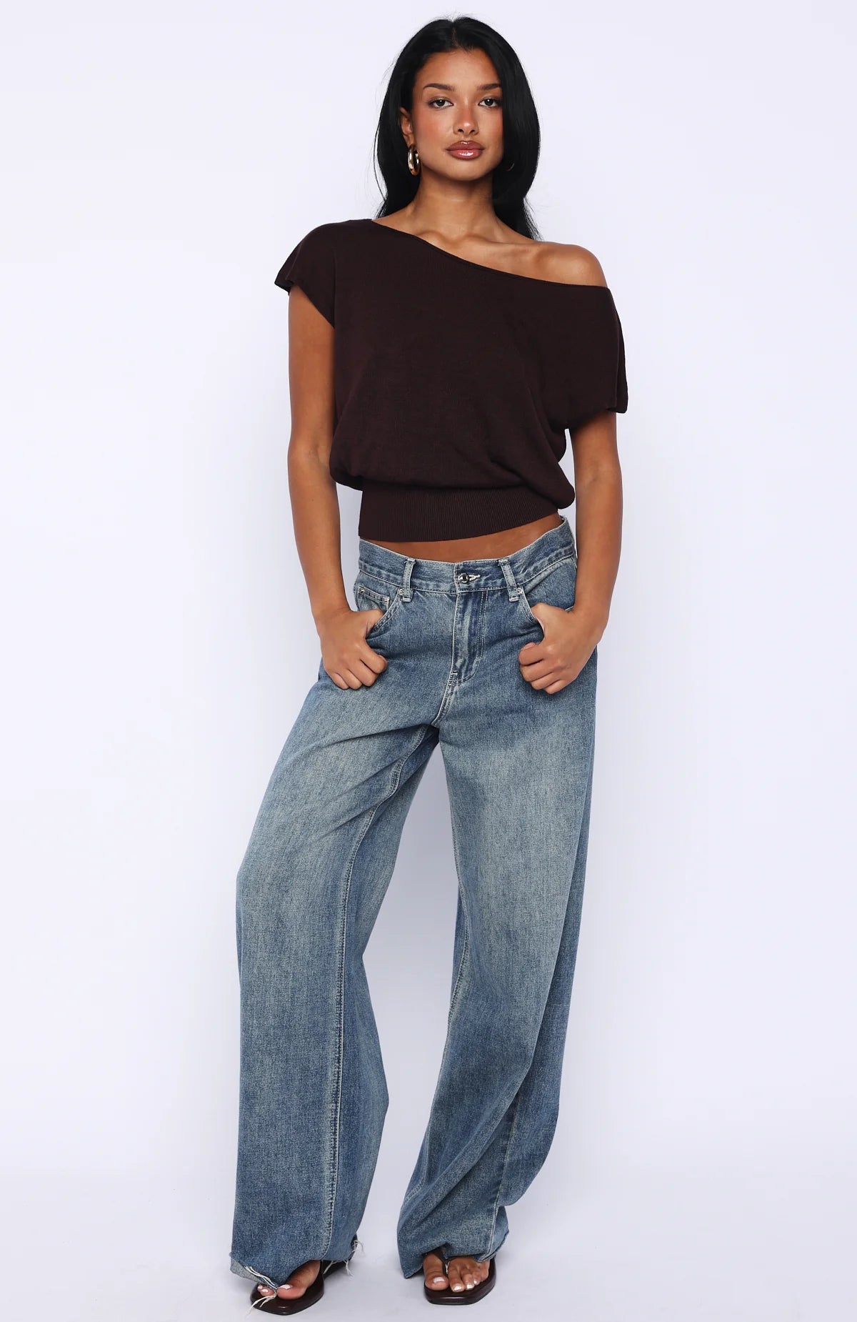 Cant Change My Mind Off Shoulder Cinched Top Chocolate