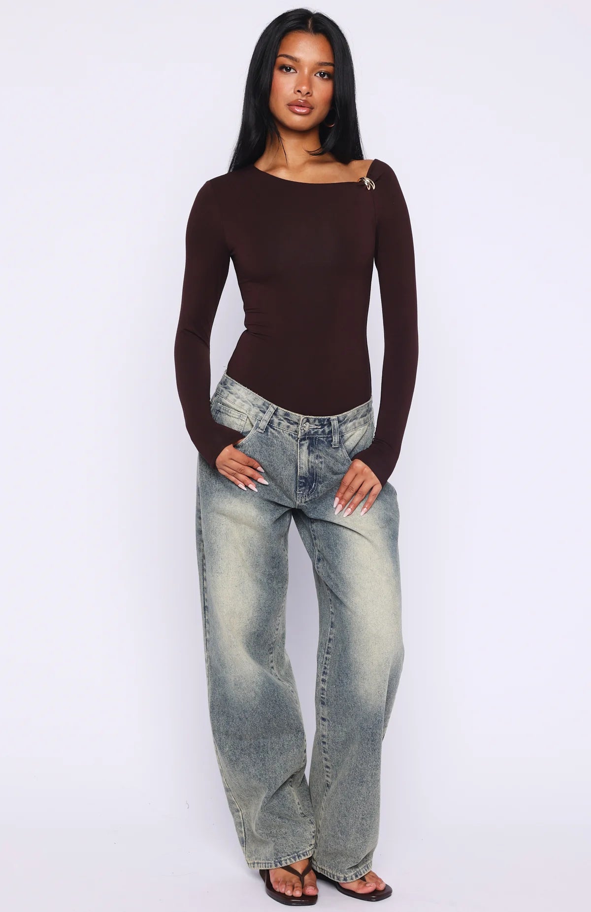 Double Down Long Sleeve Bodysuit Dark Chocolate