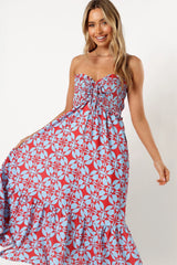 Dayton Strapless Midi Dress Red Blue