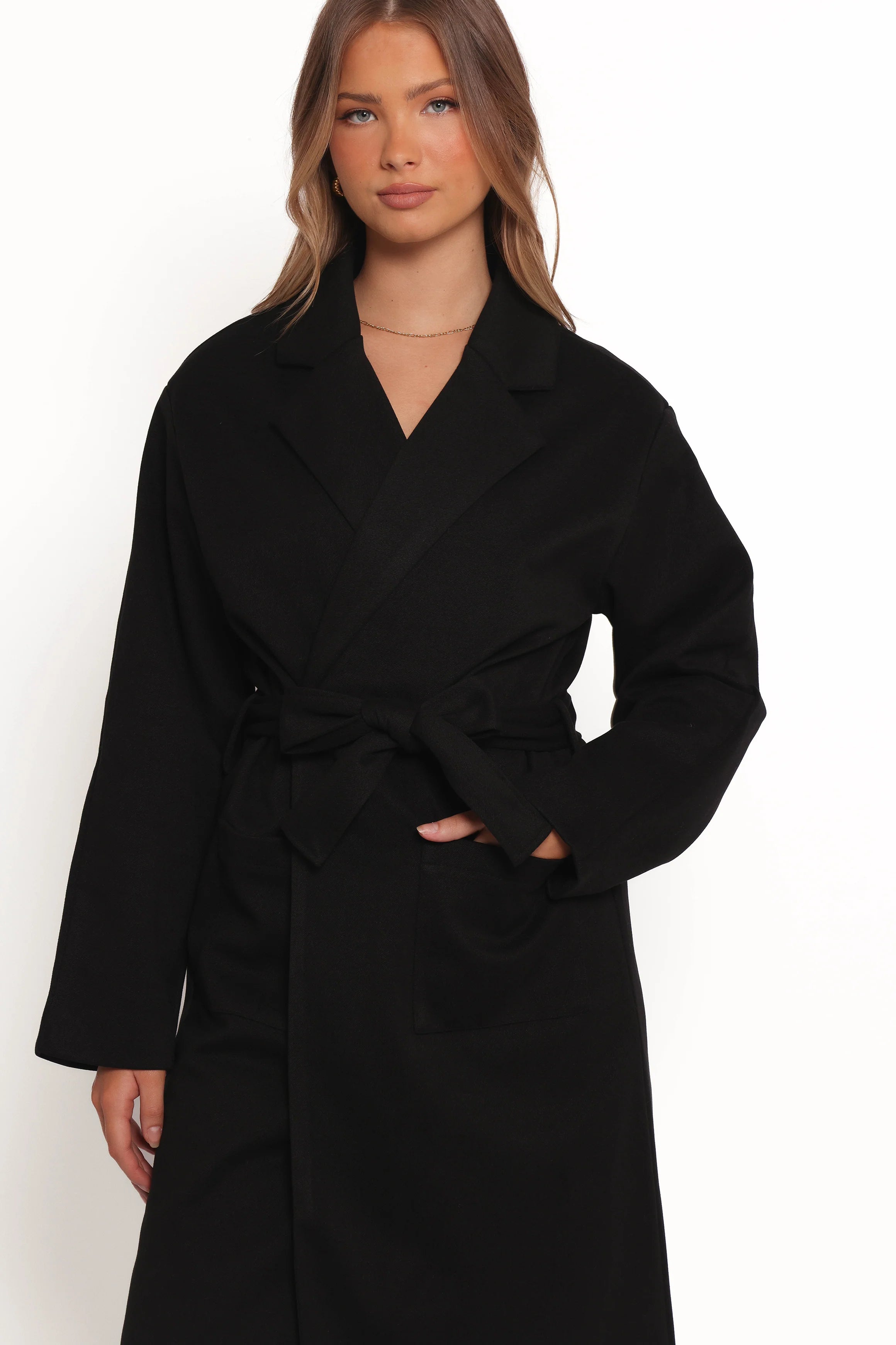 Kloss Tie Front Long Coat Black