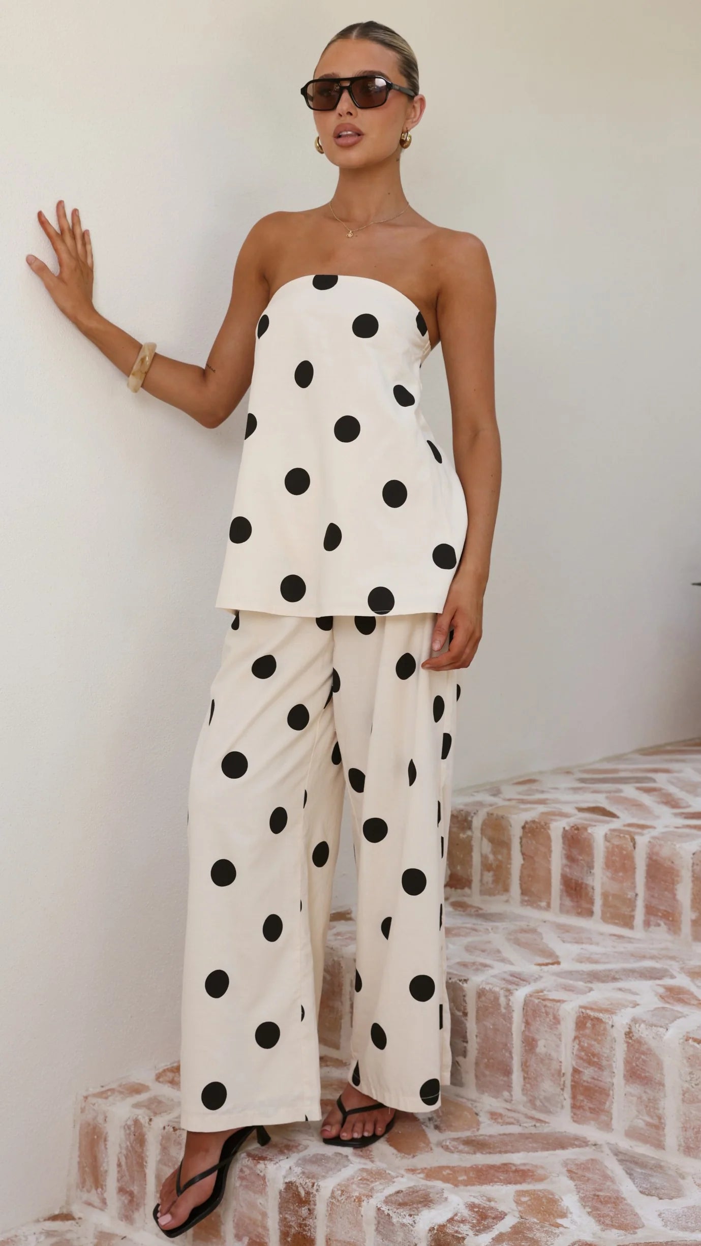 Hazelle Strapless Top Beige Black Polka Dot