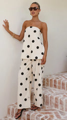 Hazelle Strapless Top Beige Black Polka Dot