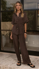 Velice Tie Top and Pants Set Brown