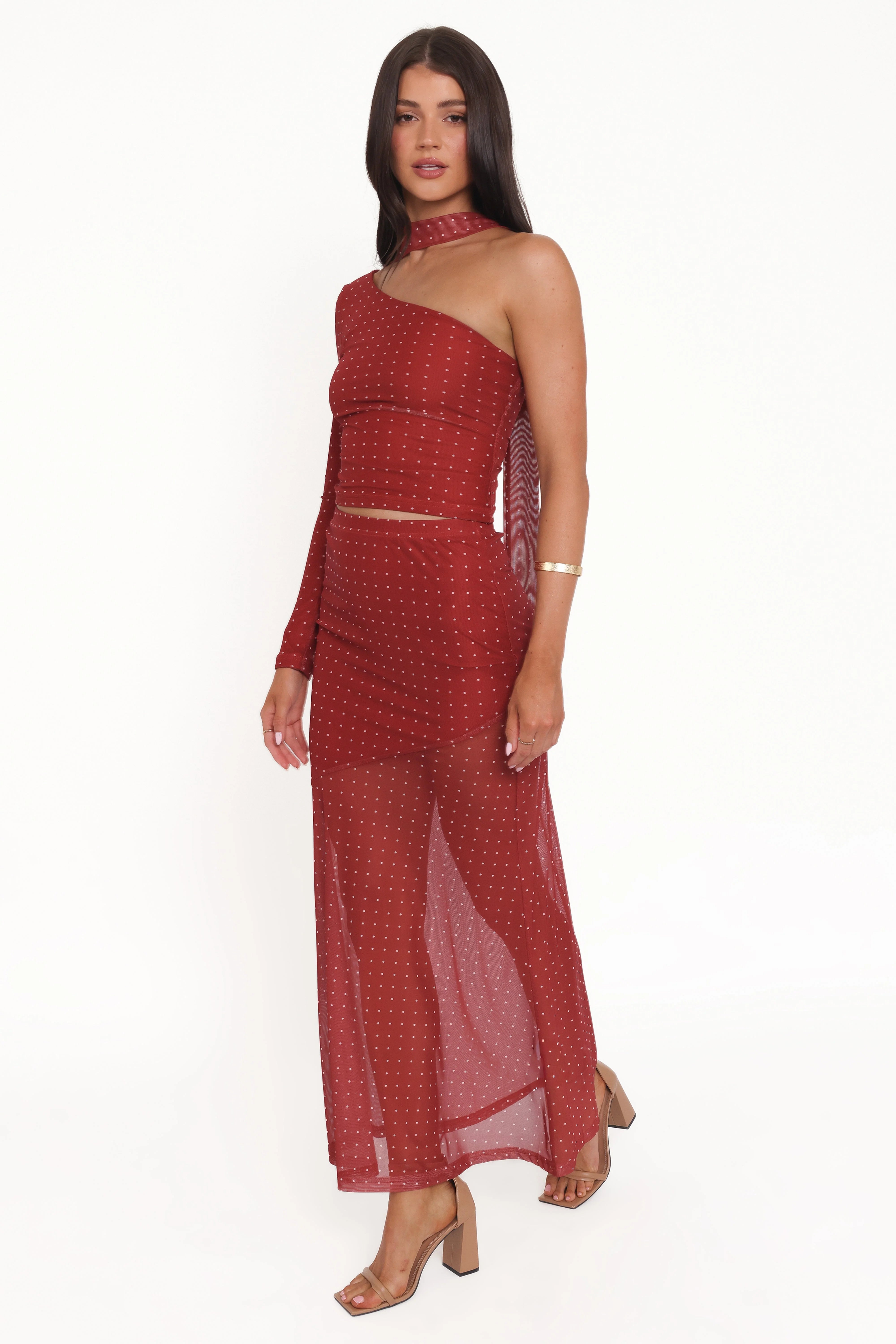 Hollie Mesh Skirt Set Red Polka Dot
